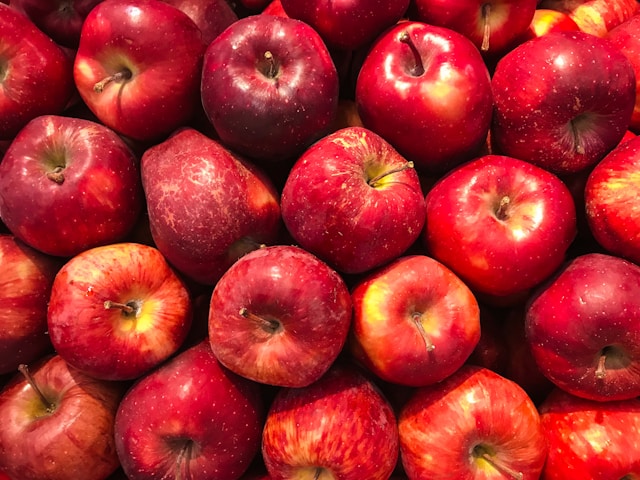 The photo shows a large number of apples waiting to be sorted.