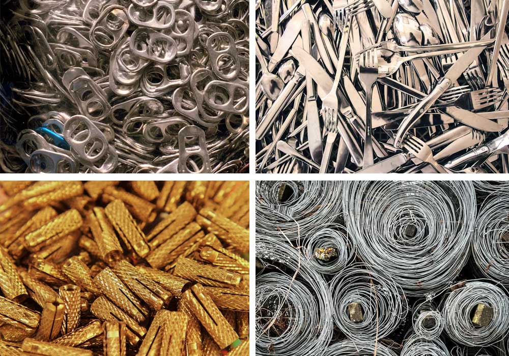 The image shows common metals: copper wire, aluminum profiles, stainless steel fittings, and mixed non-ferrous metals.