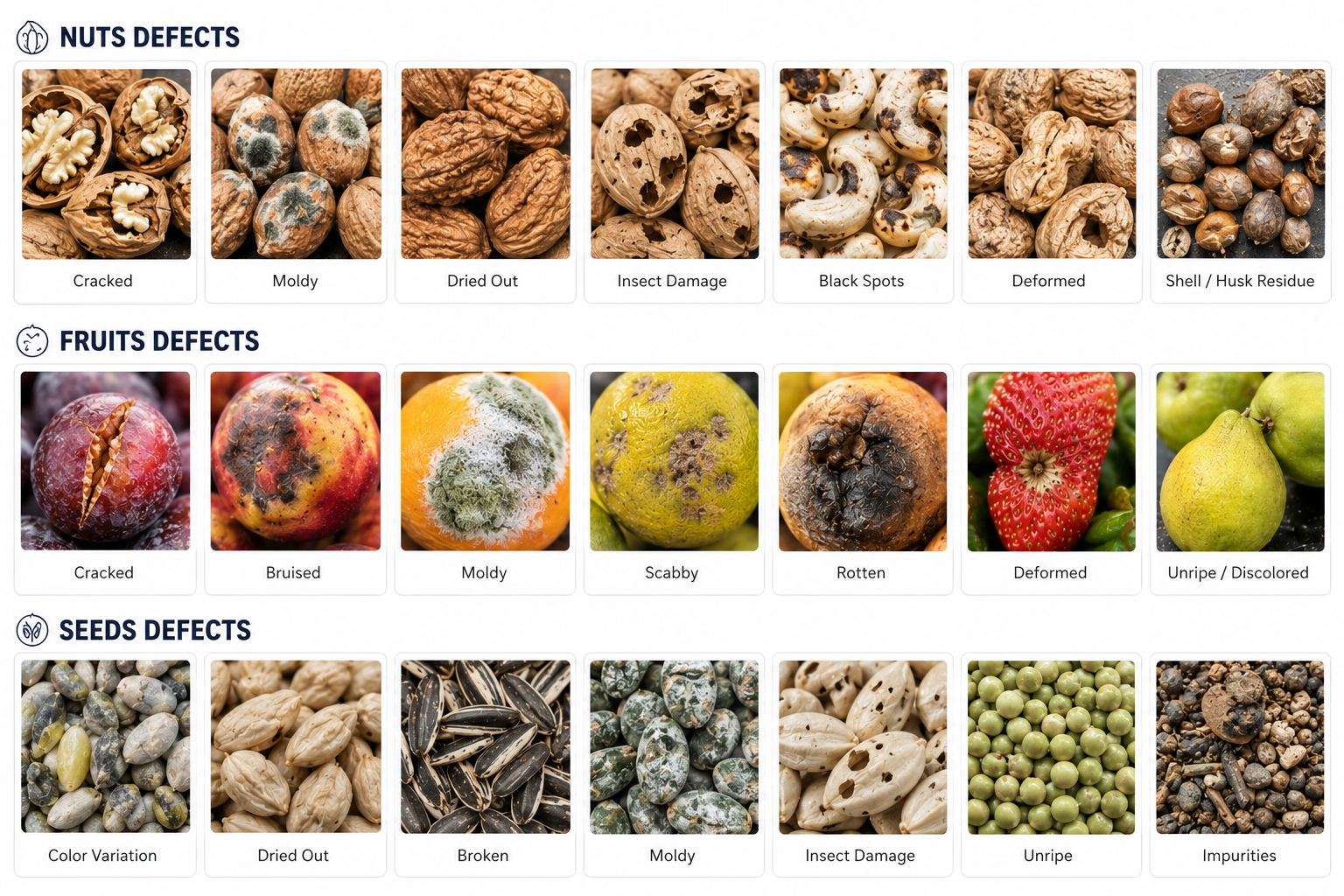 Common defective products including cracked nuts, blemished fruits, and discolored kernels.