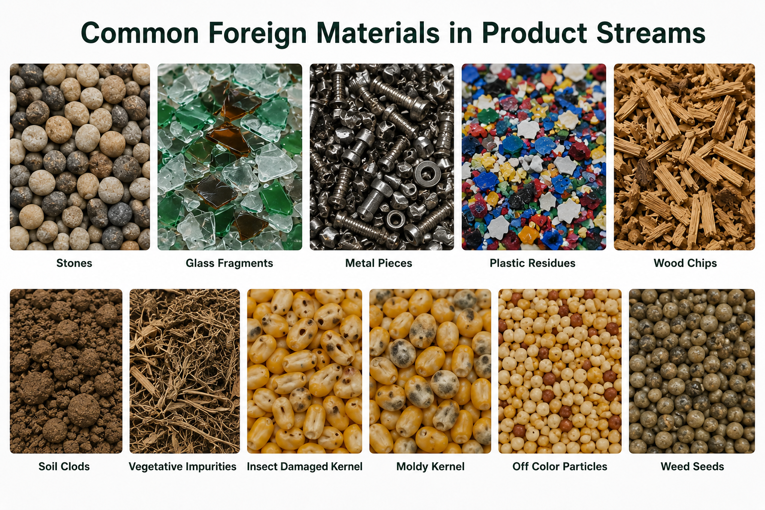 Common foreign materials including stones, glass fragments, metal pieces, and plastic residues removed during sorting.